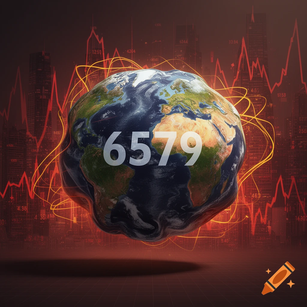 A distorted, "fat" Earth with the numbers "6579" floating in front, set against a red background with city skylines and jagged financial graphs.