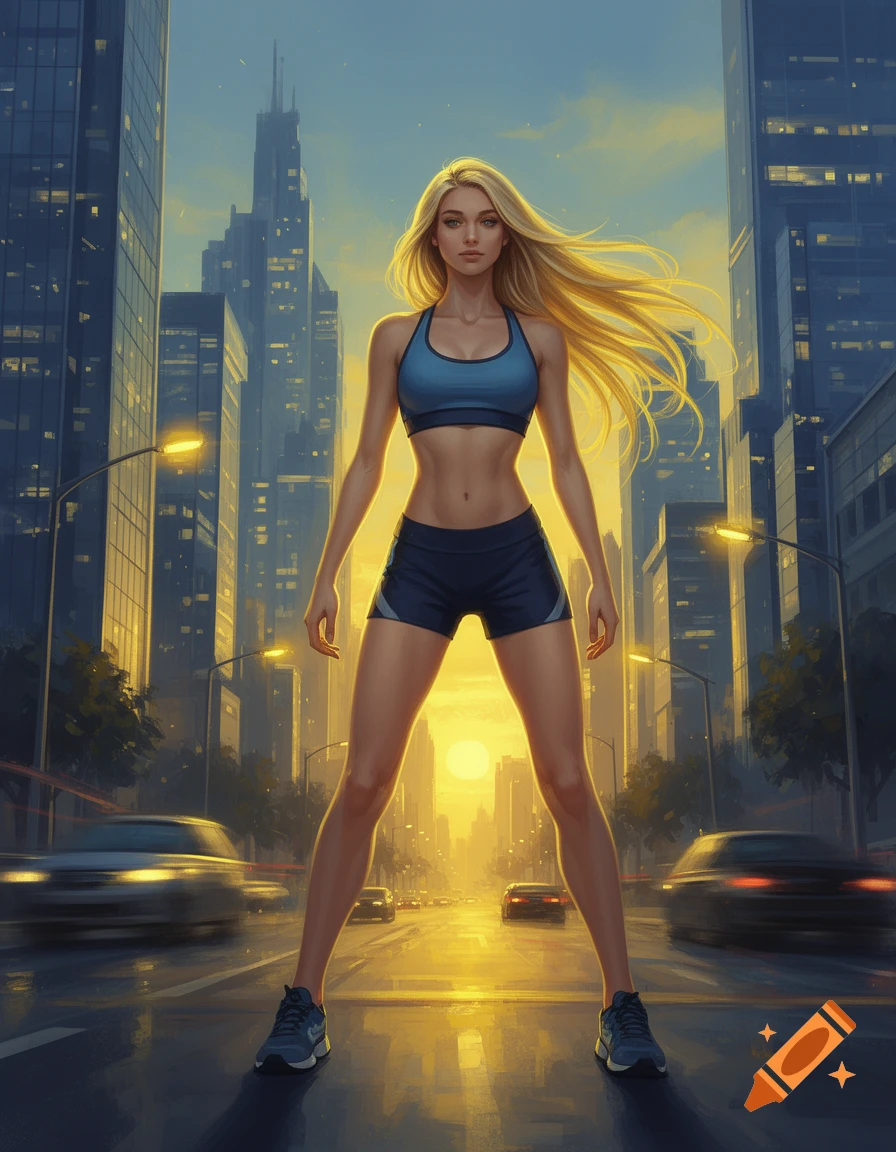 Digital art of a lean blonde woman in a blue sports bra and shorts, standing confidently on a city street at sunset with skyscrapers.