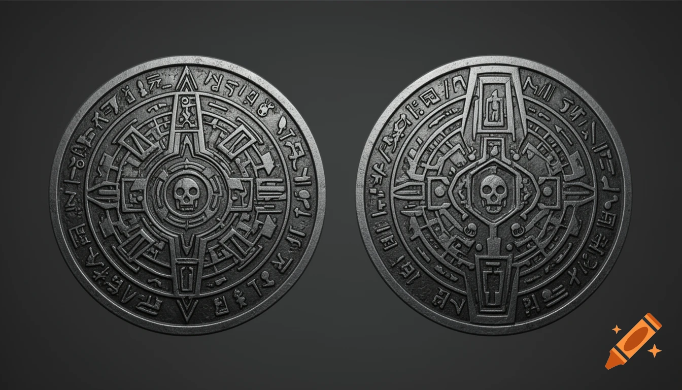 Two dark silver ancient coins or medallions with intricate, embossed alien glyphs and a central skull design, set against a dark grey background.