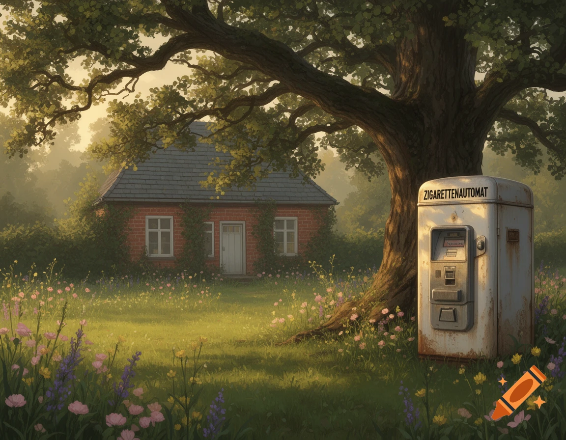 A quaint brick house and a large tree in a vibrant, flower-filled meadow, with a cigarette machine next to the tree. Painterly style.