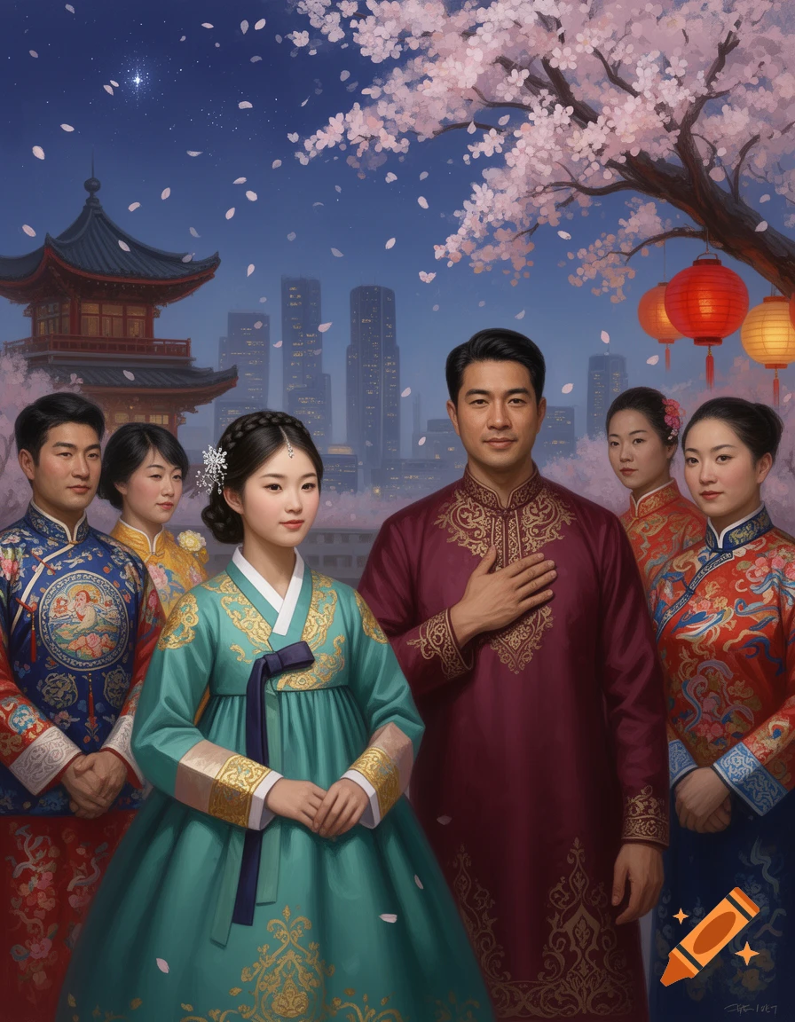 A group of Asian people in colorful traditional clothing pose under blooming cherry blossoms and red lanterns with a city skyline at dusk.