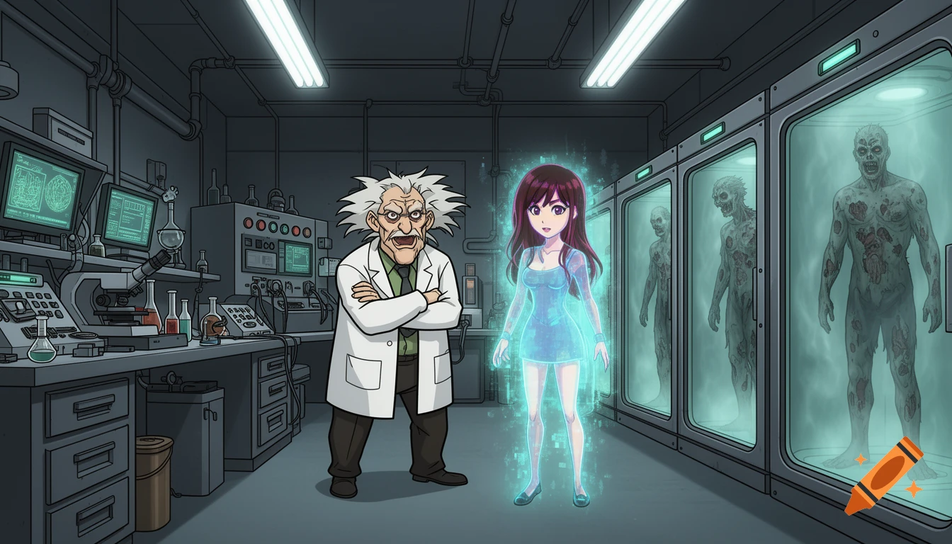 A cartoon mad scientist stands next to a glowing blue anime hologram woman in a sci-fi lab with zombies in cryochambers.