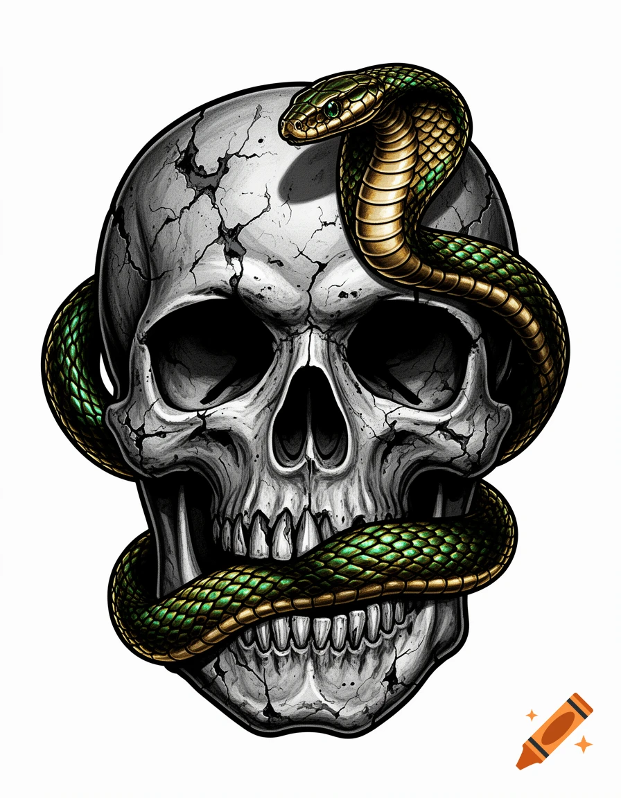 A detailed tattoo-style illustration of a weathered skull with a green and gold cobra snake coiled around it.