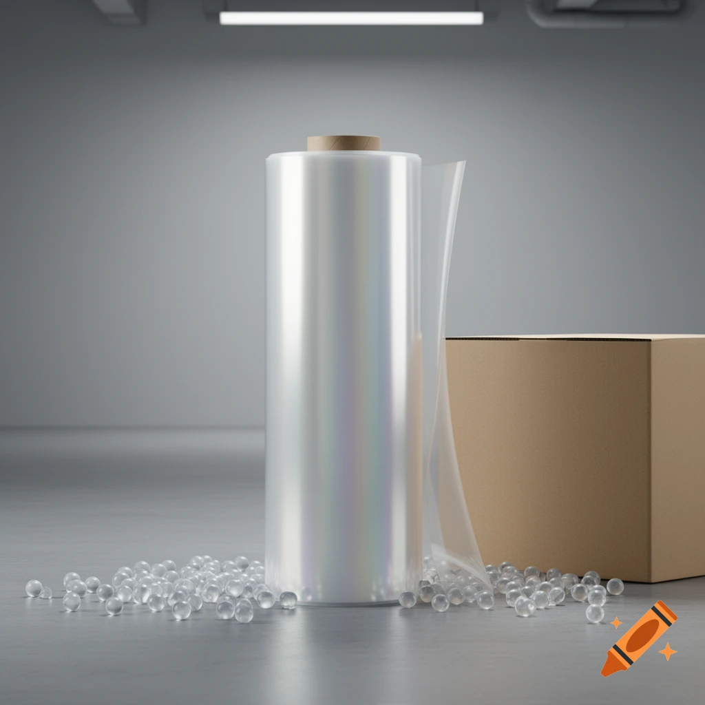 A large roll of clear plastic film and a brown cardboard box on a grey floor, surrounded by clear beads.