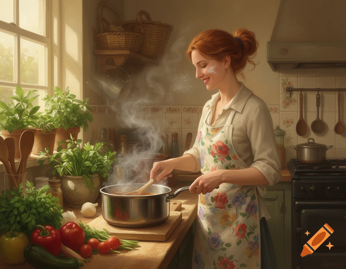 A smiling woman with red hair, wearing an apron, stirs a pot on a sunlit kitchen counter laden with fresh vegetables and herbs.