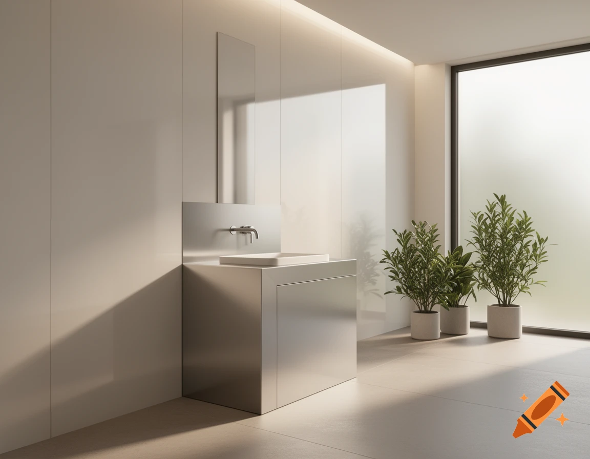 Modern bathroom with a sleek stainless steel vanity, sink, and mirror, featuring potted plants next to a large window.