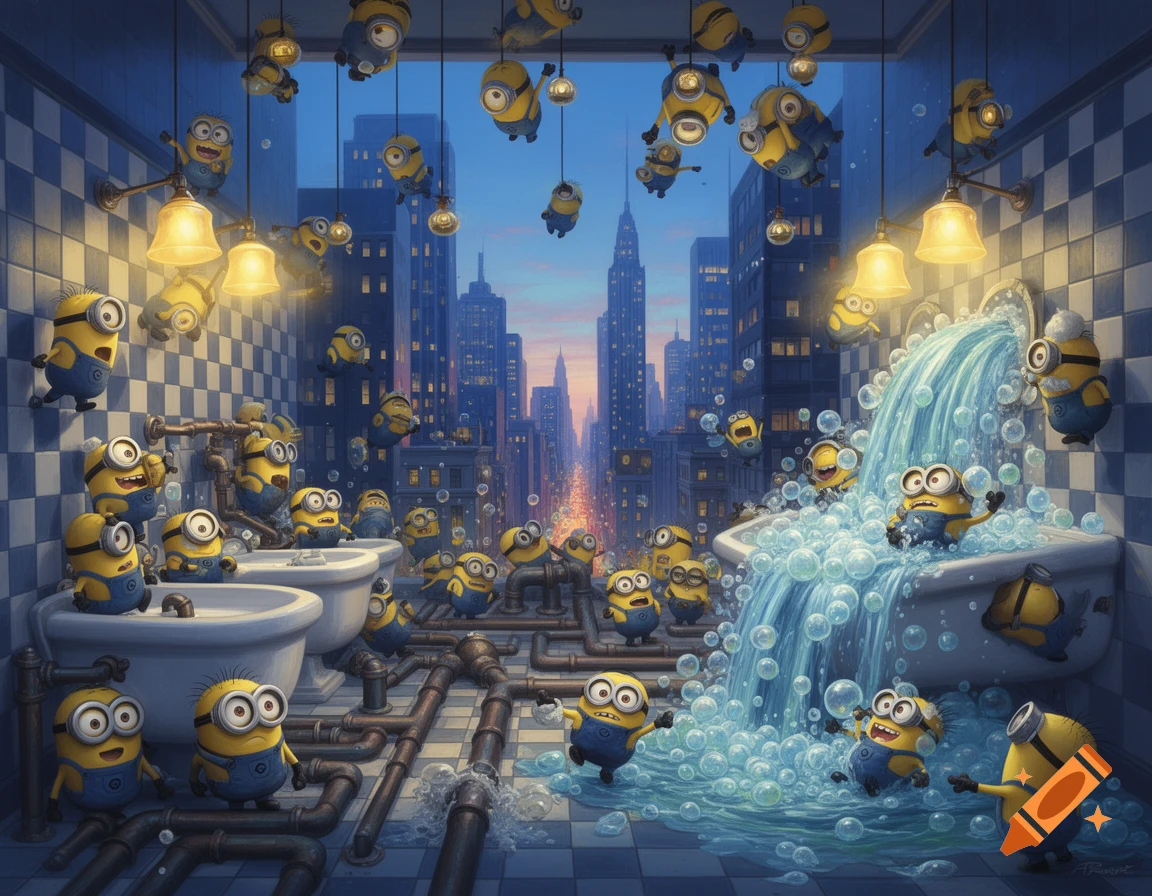 Cartoon Minions cause chaos in a bathroom, overflowing a bathtub with water and bubbles, with a city visible outside.