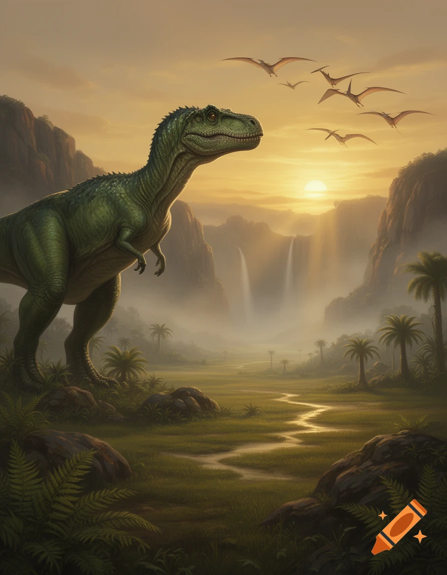 A large green dinosaur stands in a misty, lush prehistoric valley with waterfalls, mountains, and a sunset, as pterodactyls fly overhead.
