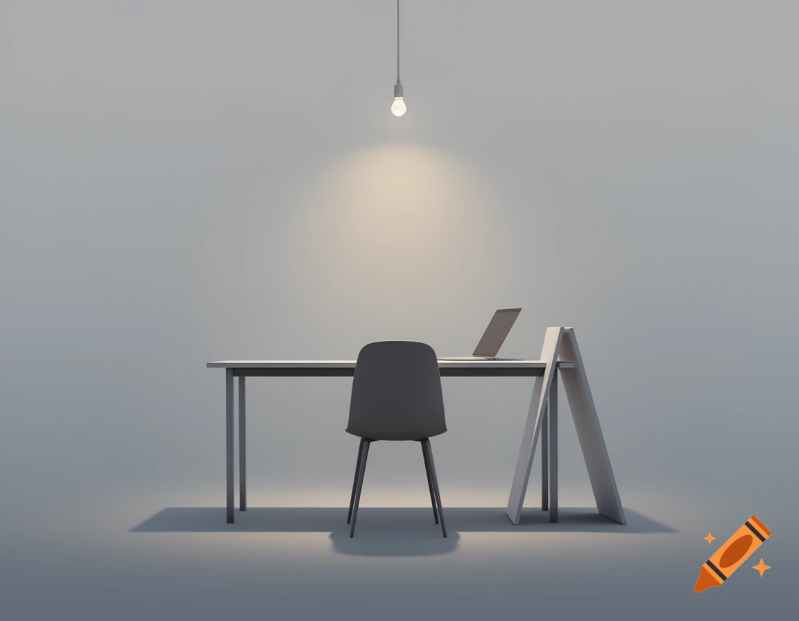 A minimalist illustration of an empty desk with a chair, a laptop, and a single light bulb hanging above, against a plain gray background.