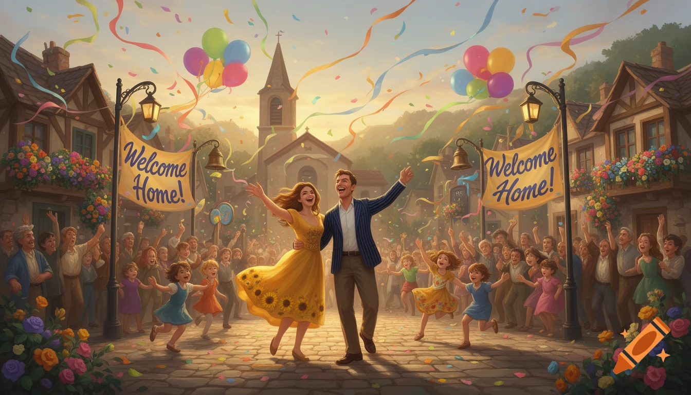An illustration of a man and woman joyfully returning to a cheering small town with confetti, balloons, and 'Welcome Home!' banners.