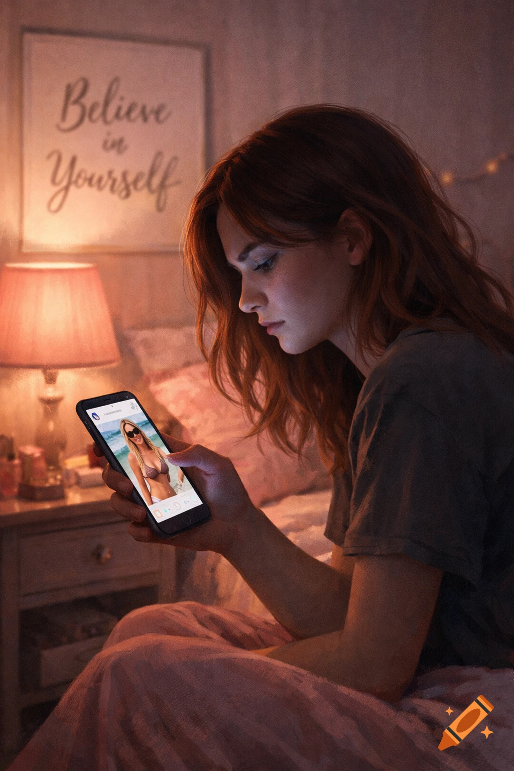 A young woman with red hair sits in a dimly lit bedroom, looking at her phone. On the screen, a woman in a bikini poses on a beach.