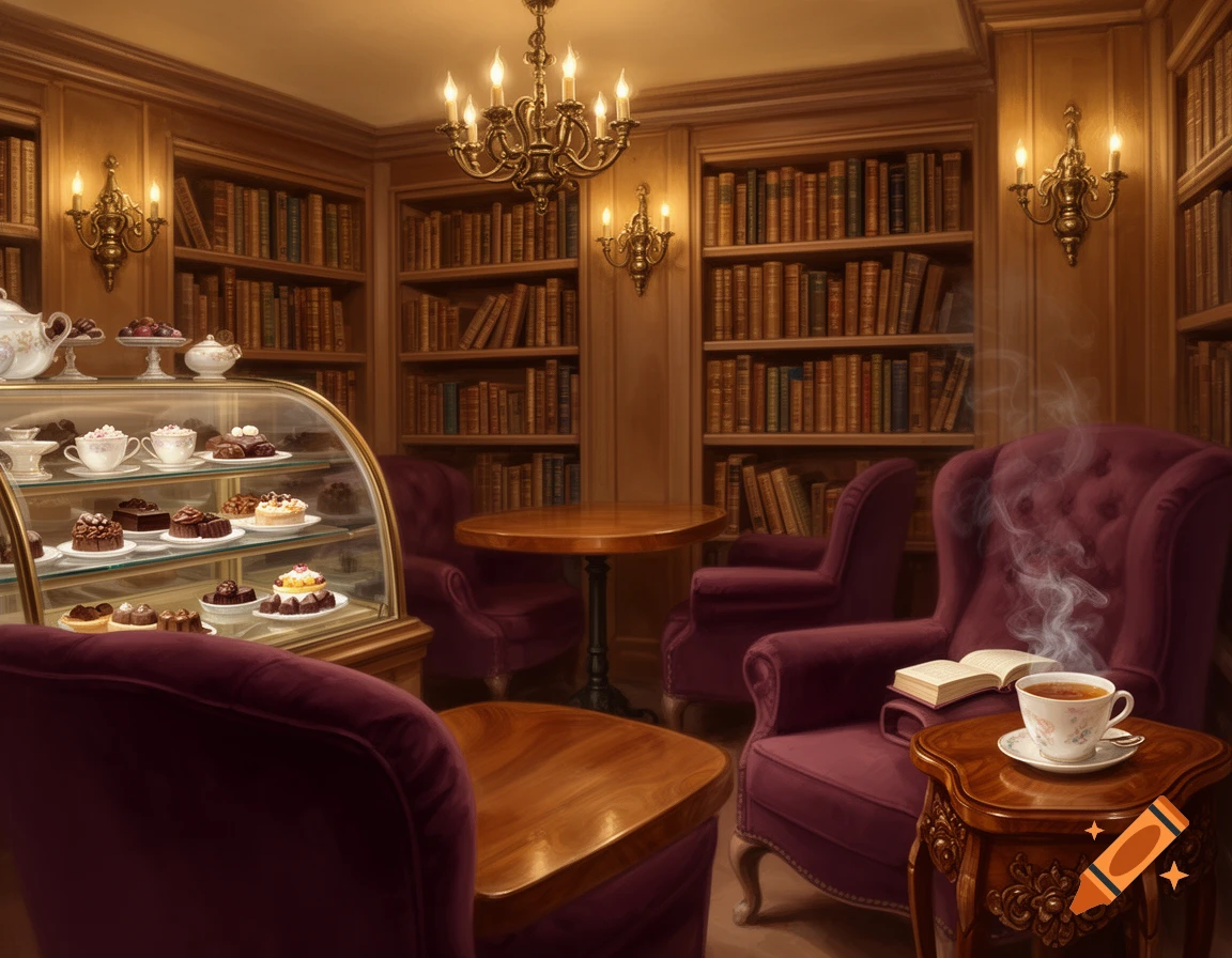 A cozy tea room and library with plush armchairs, bookshelves, a display case of pastries, and a steaming cup of tea on a side table.