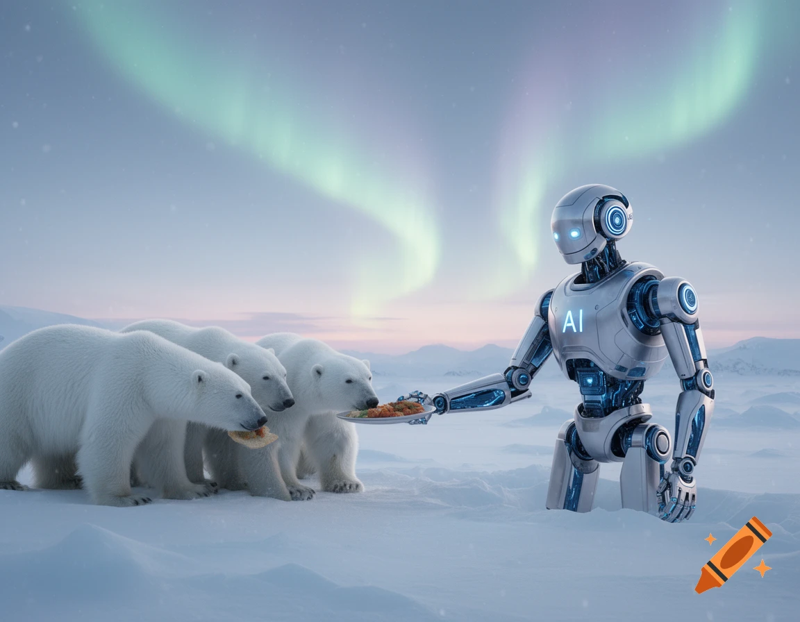 A robot with 'AI' on its chest feeds a group of polar bears in a snowy arctic landscape under a vibrant aurora borealis.