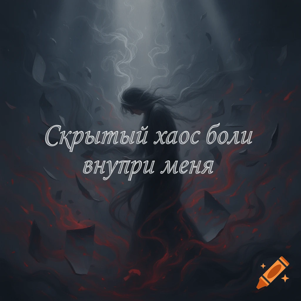 Dark digital art of a cloaked figure, head bowed, standing amidst swirling smoke, red embers, and floating debris. Text reads: 'Hidden chaos of pain within me'.