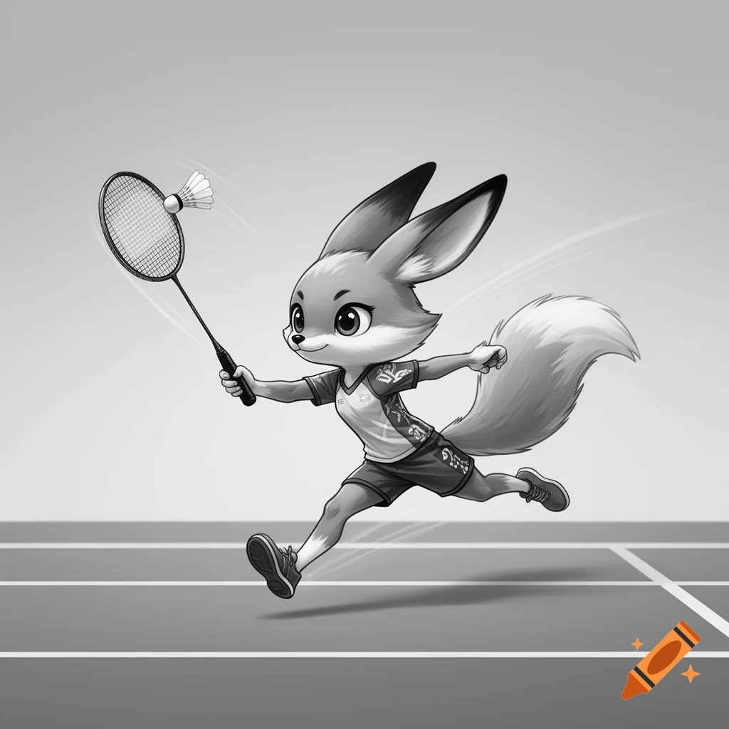 Monochrome manga-style fox mascot playing badminton, running with a racket and shuttlecock on a court.