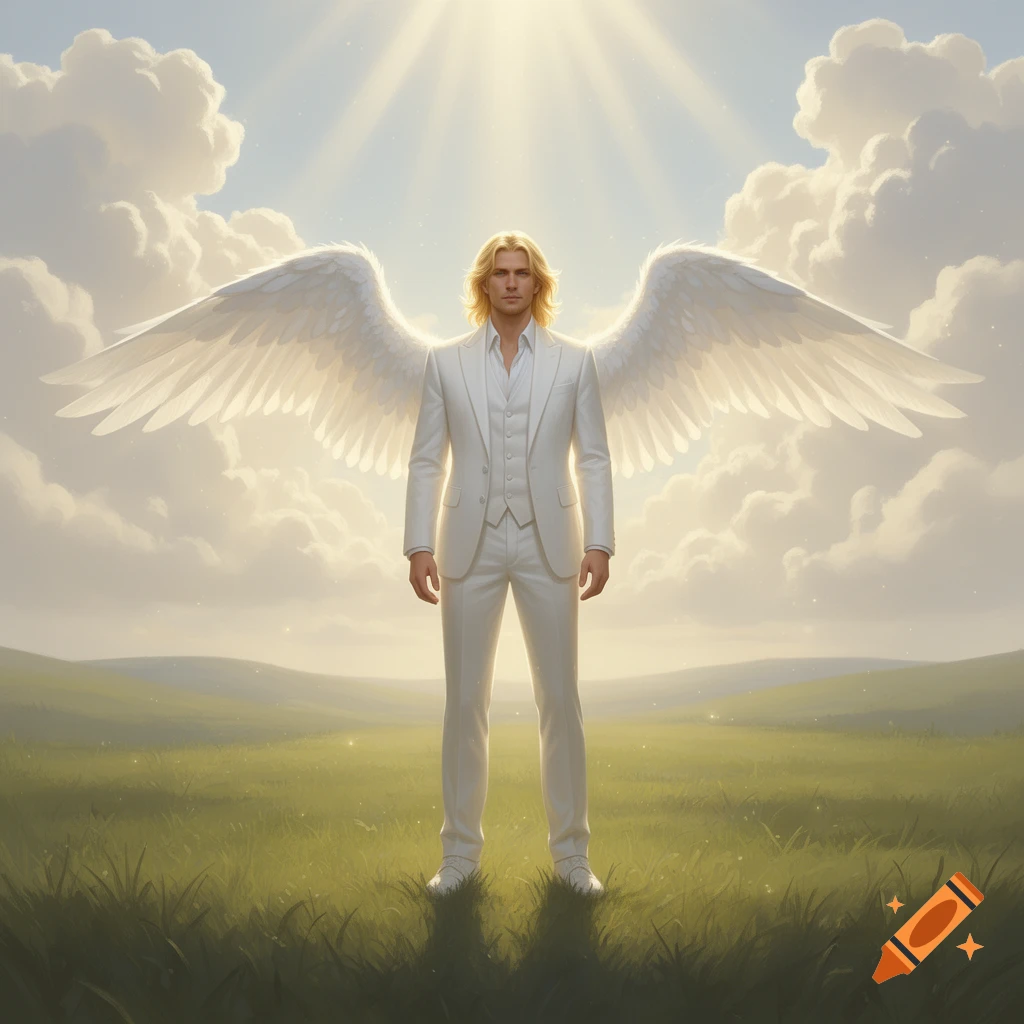 A blonde man in a white suit with large white angel wings stands in a green field under a bright, cloudy sky.