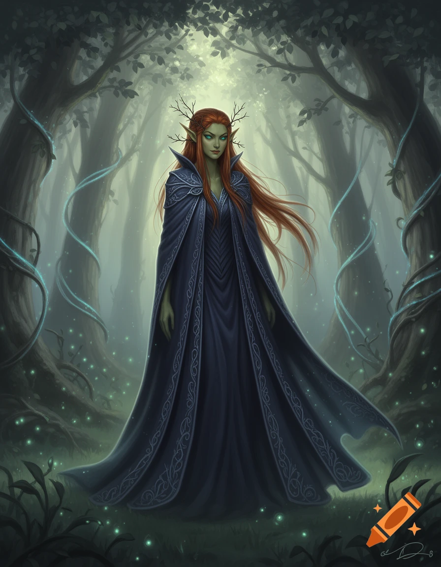 A red-haired, green-skinned elf woman in a dark blue cloak stands in a mystical forest with glowing green lights and intertwined vines, fantasy art.