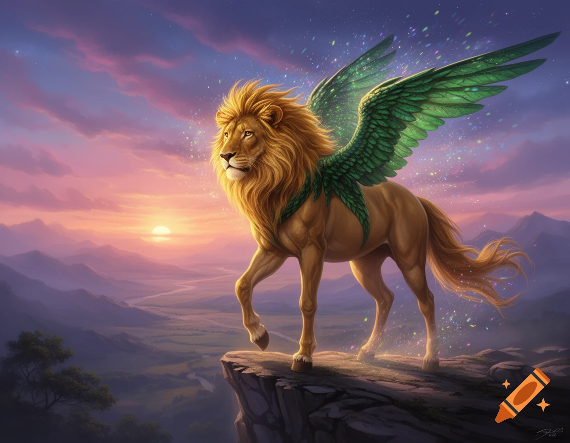 A mythical creature with a lion's head and horse's body and green wings ...