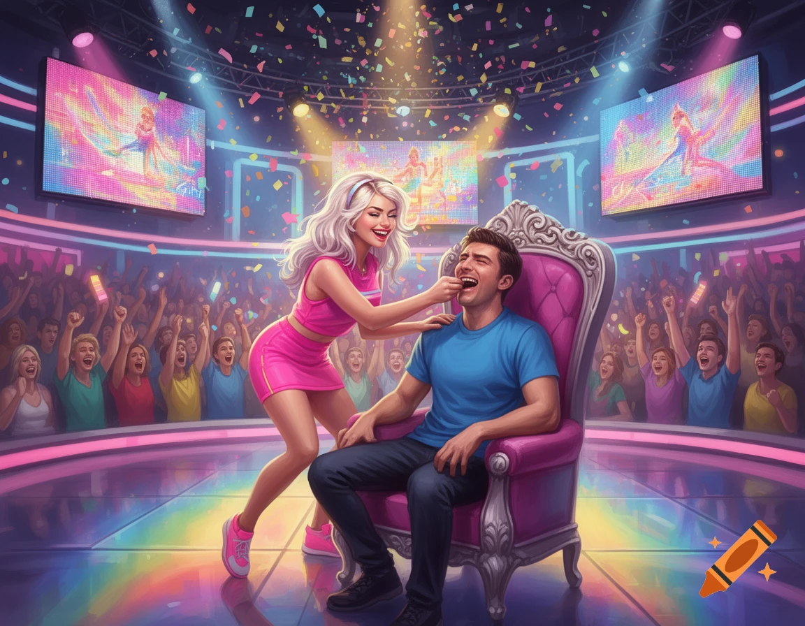 A smiling woman in a pink outfit playfully feeds a man in a large purple chair on a bright game show stage with a cheering audience, confetti, and colorful screens.