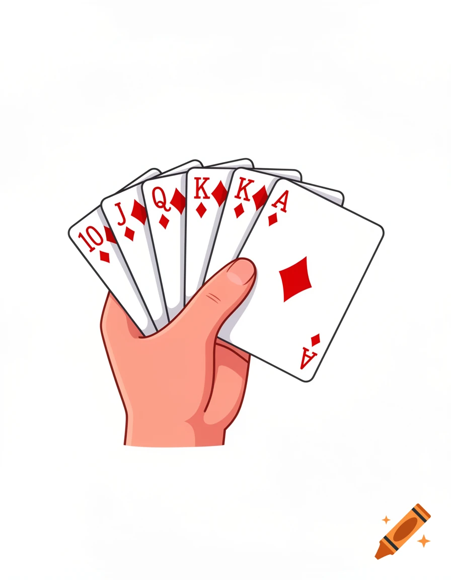 A cartoon hand holds a royal flush of diamonds: 10, Jack, Queen, King, Ace, fanned out against a white background.