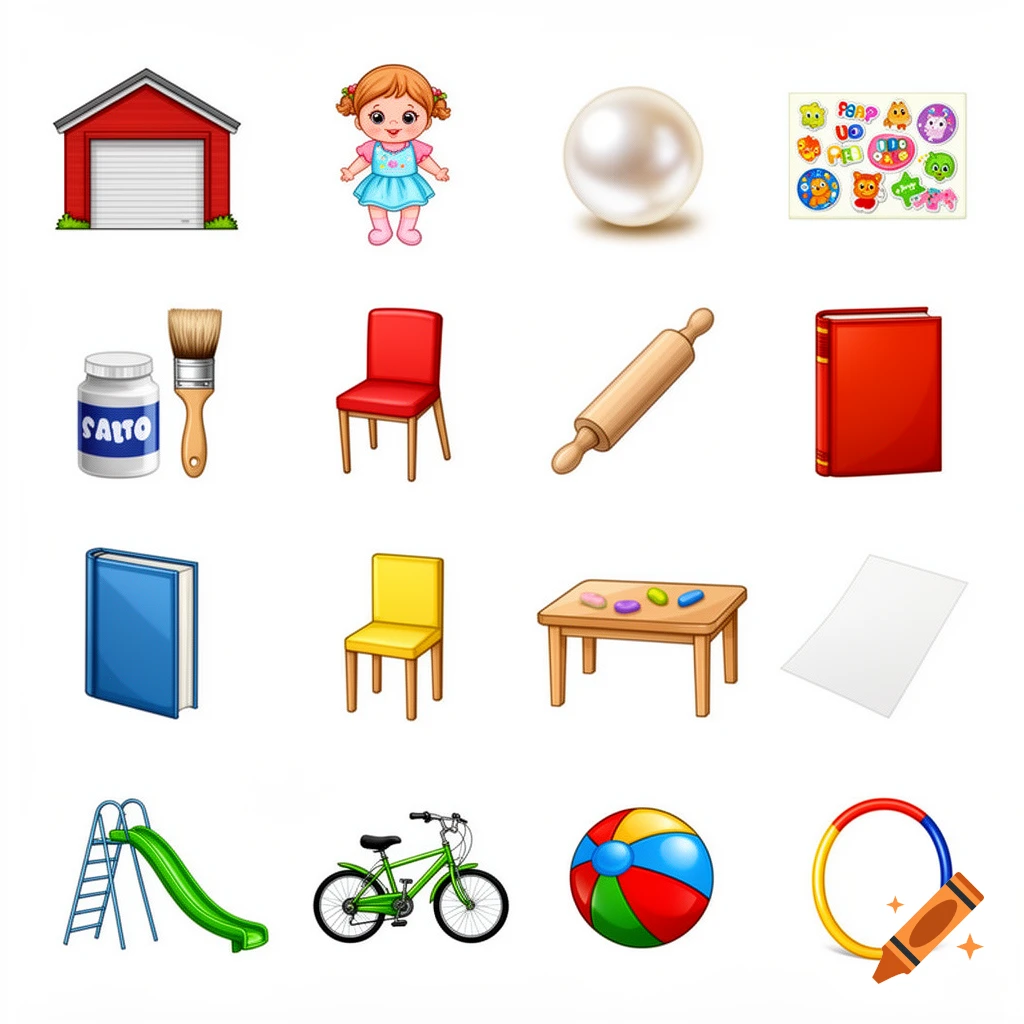 A grid of 16 cartoon objects for a kindergarten picture book, including a garage, doll, pearl, stickers, paint, paintbrush, chairs, books, a slide, a bicycle, and a beach ball, on a white background.