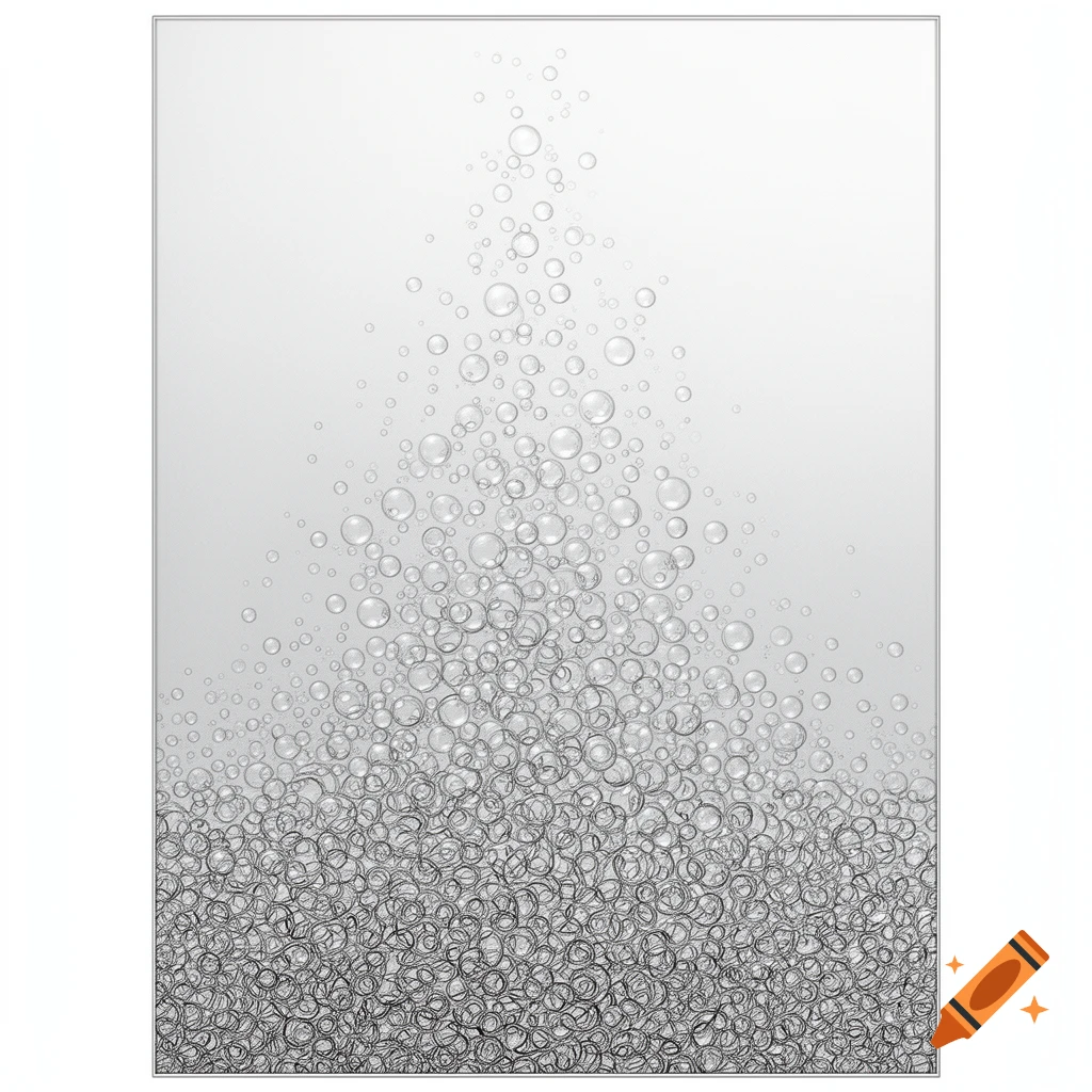 Abstract vertical pattern of clear bubbles, dense at the bottom, thinning upwards on a light grey background.