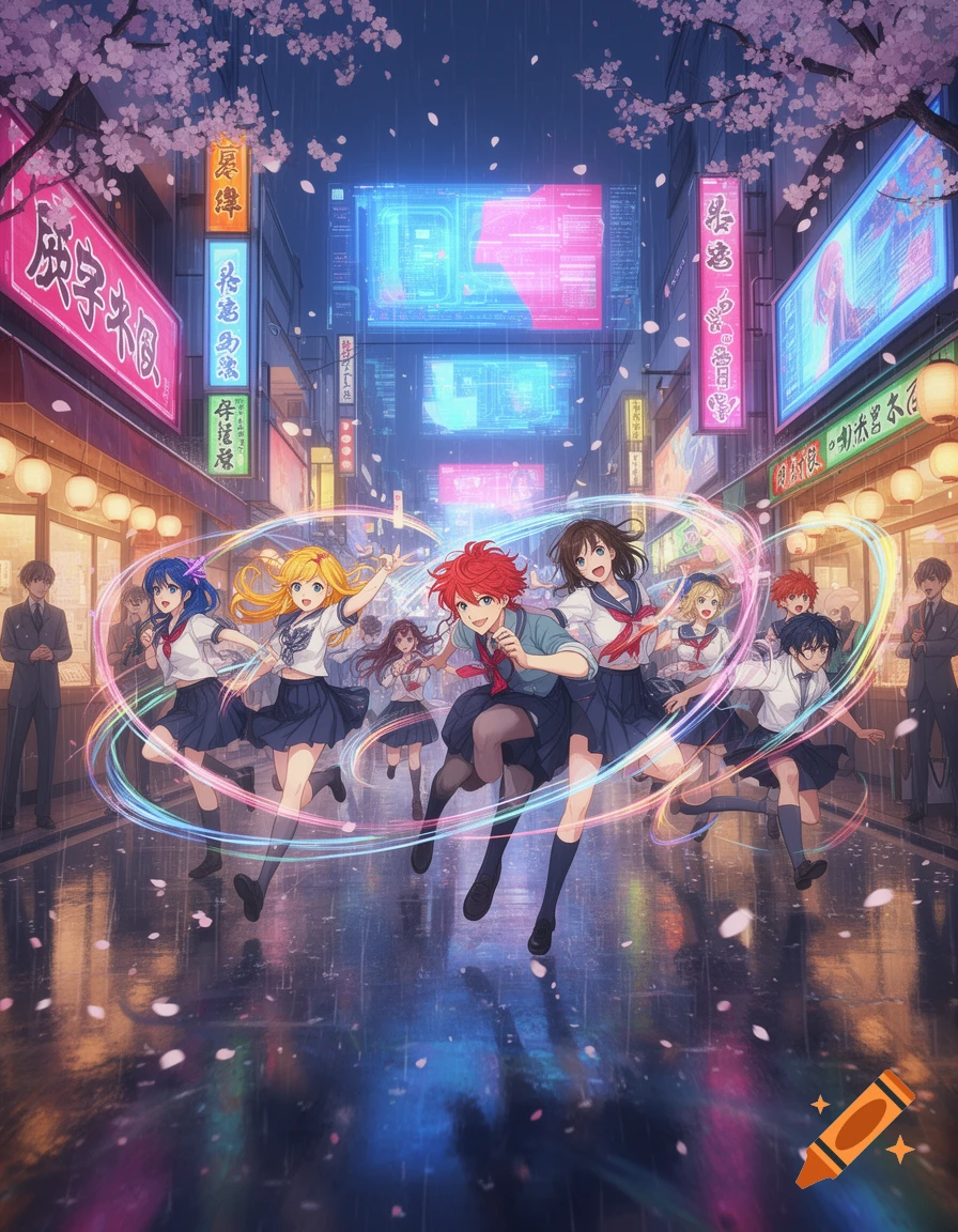 Anime-style illustration of high school students running through a rainy, neon-lit cyberpunk city street under cherry blossoms.
