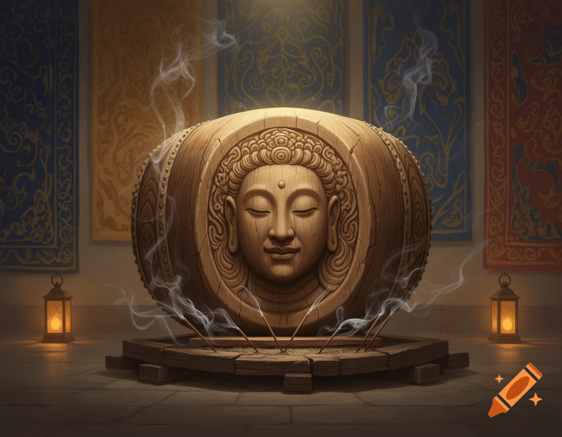 A serene wooden carving of a Buddha head on a barrel-like base, with lit incense sticks and smoke, flanked by glowing lanterns.