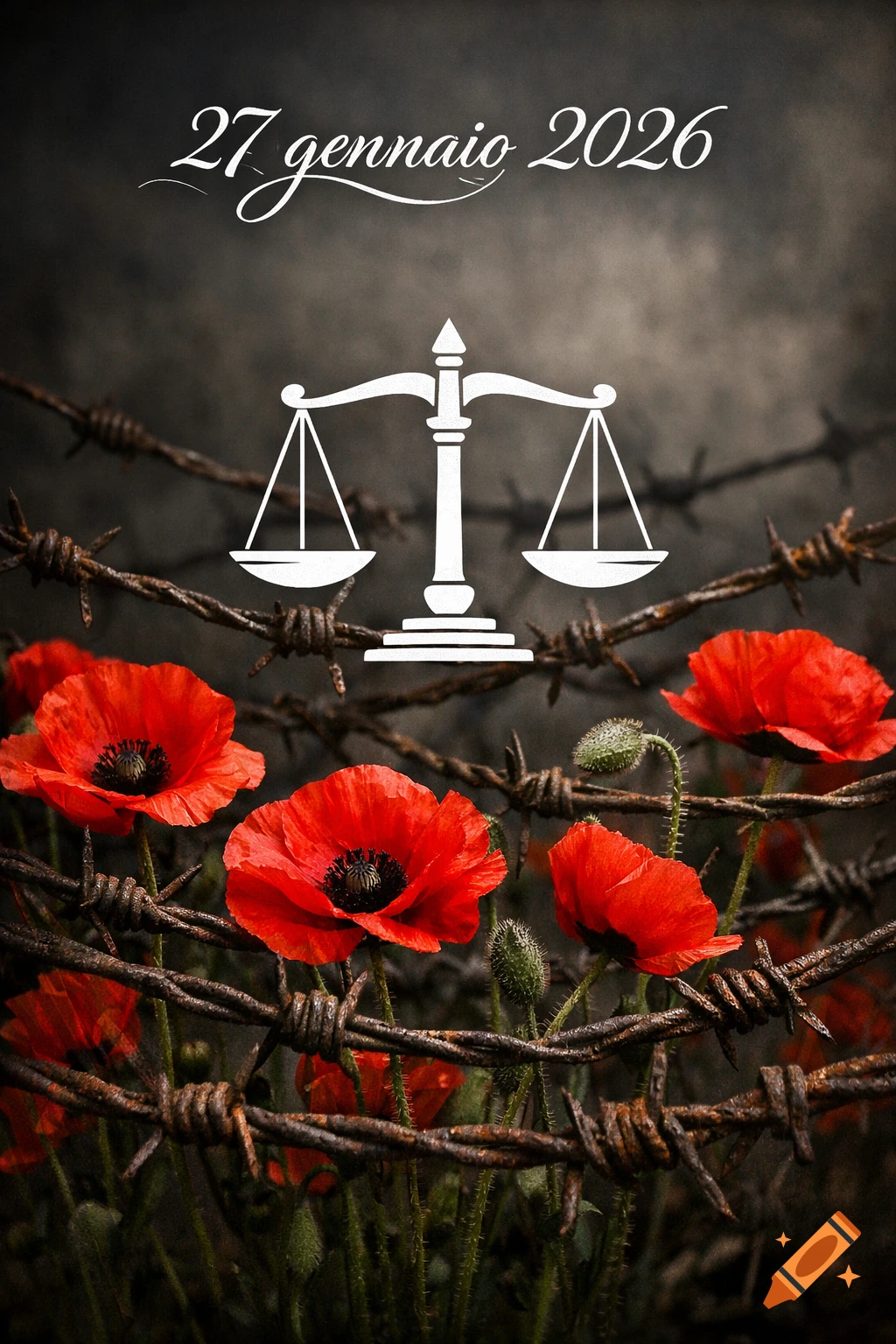 Vivid red poppies grow among rusty barbed wire with a white scale of justice and the text '27 gennaio 2026' on a dark, blurred background.