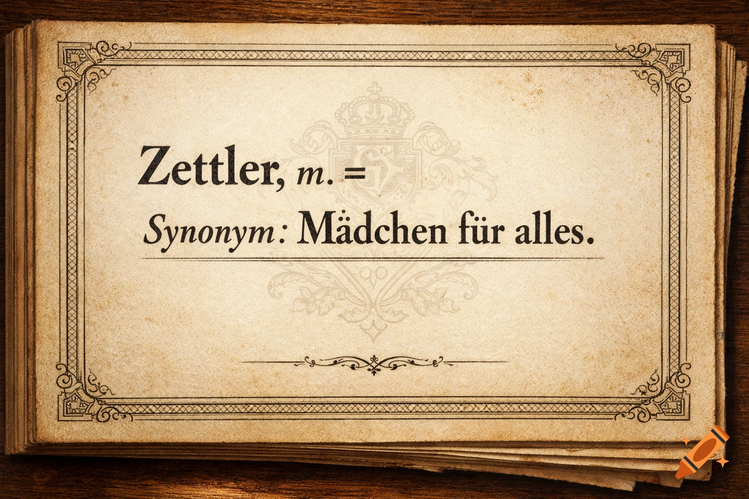 An old dictionary page displaying the German word 'Zettler' and its synonym 'Mädchen für alles' with a vintage design.