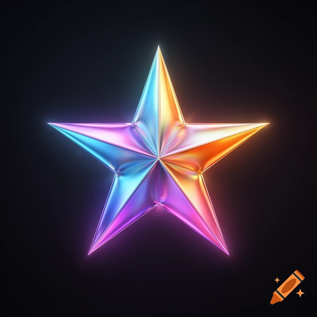 A metallic, iridescent five-pointed star glows with blue, purple, and orange gradients against a dark background.