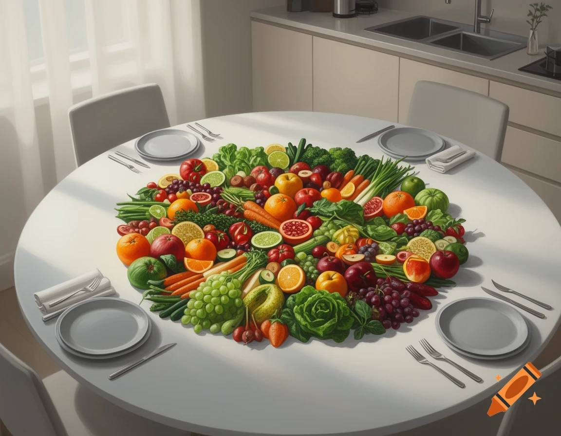 A large circular arrangement of colorful fresh fruits and vegetables on a white dining table in a bright modern kitchen.