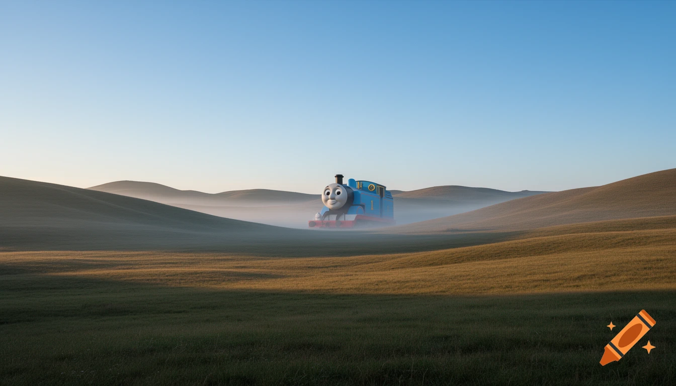 Photorealistic image of Thomas the Tank Engine in a misty, golden-hour landscape with rolling hills.