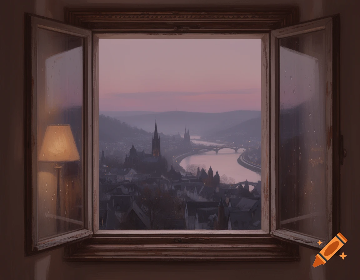 A painterly view of a European city at dusk from an open window, with a river, bridges, and a prominent cathedral, and a lamp inside.