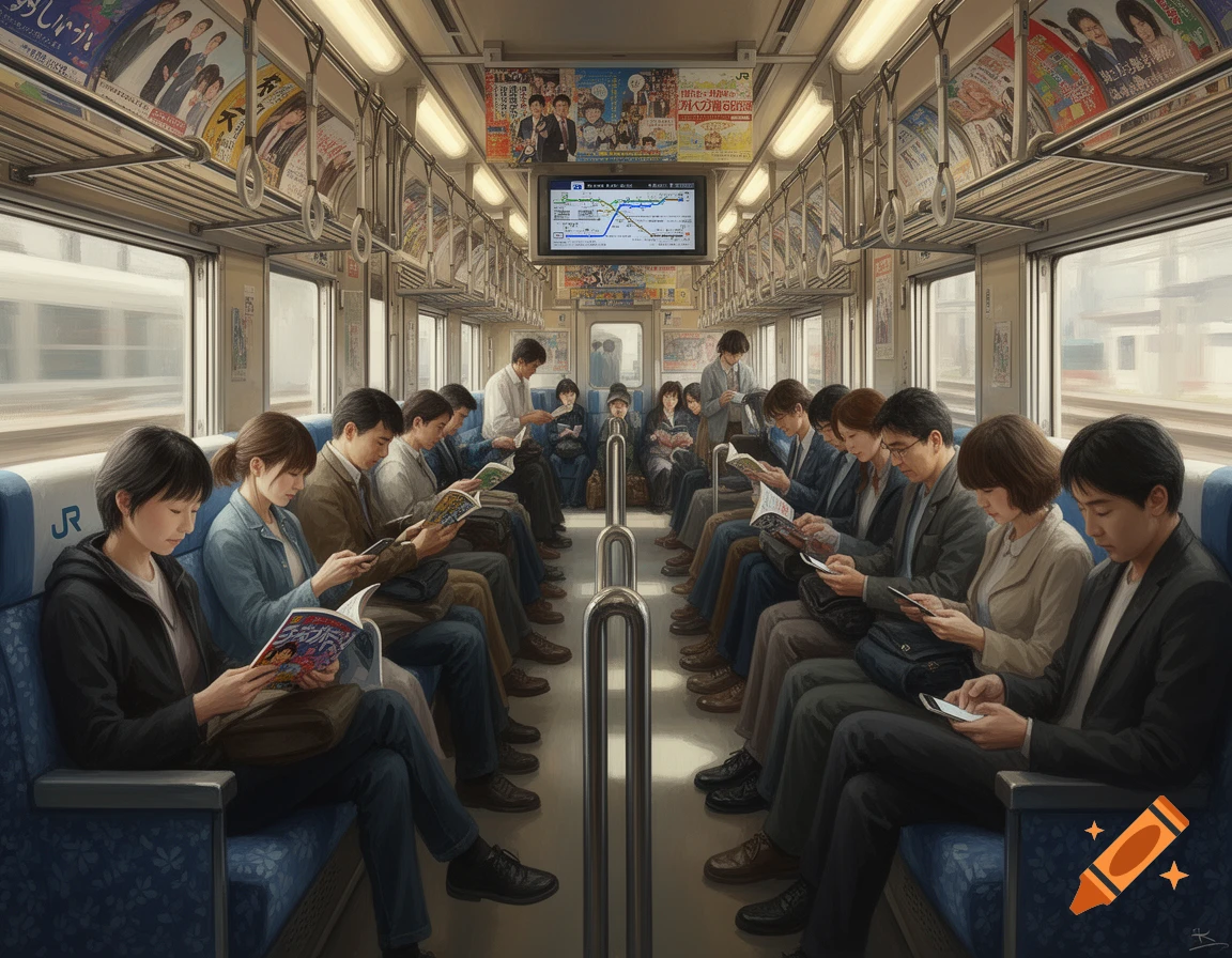 A busy train car with many passengers, most of whom are looking down at their phones or reading books/magazines. Japanese text posters line the upper walls.