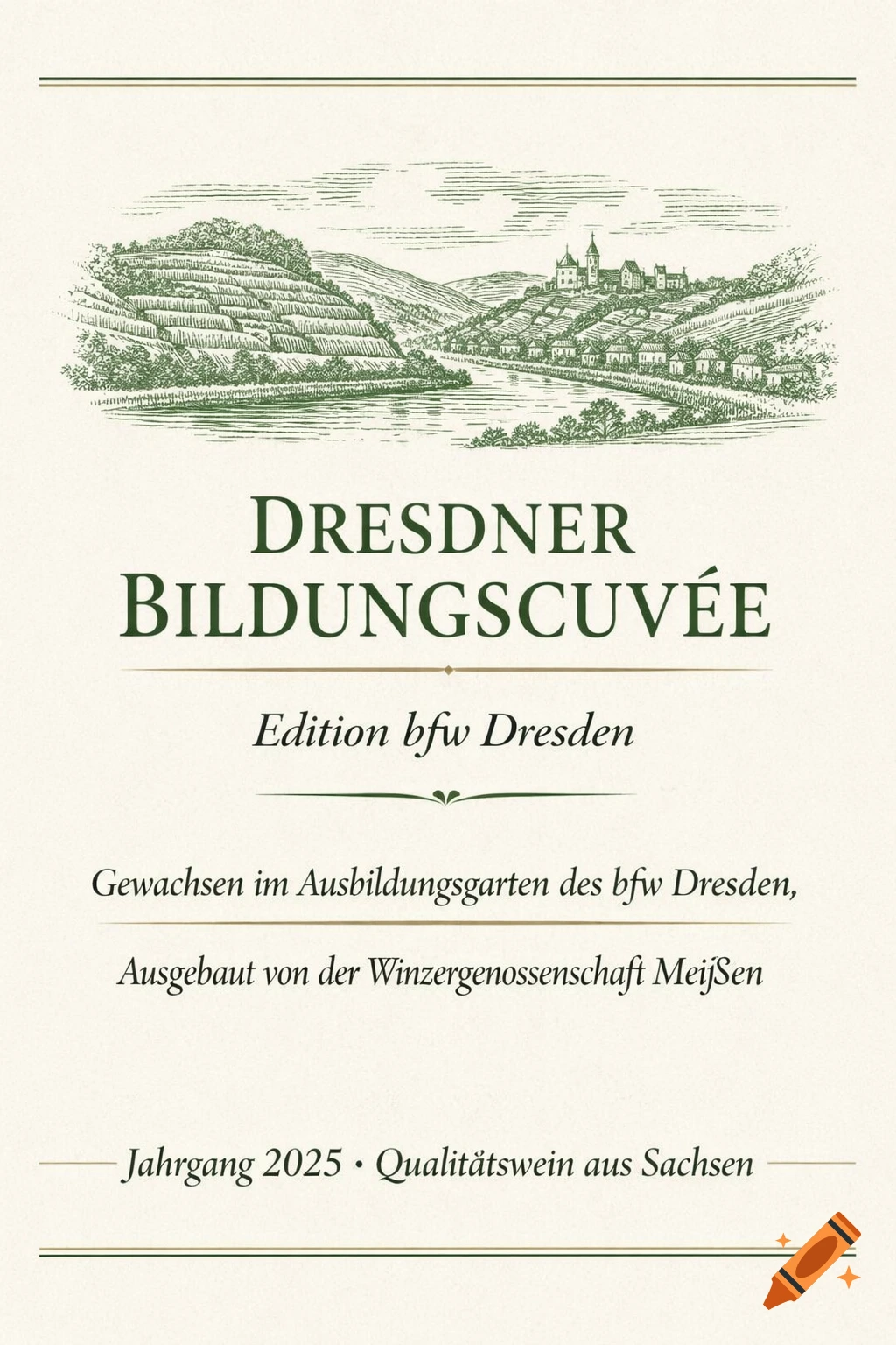 A classic wine label design with a green line illustration of a vineyard and village by a river, featuring German text.