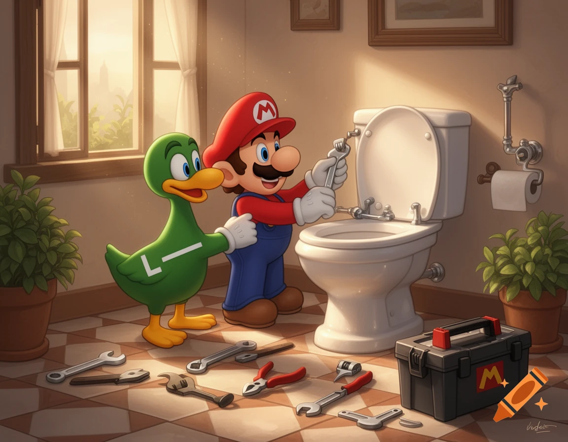 Mario and a green duck, identified by an 'L' on its chest, fix a toilet in a brightly lit bathroom with tools scattered on the tiled floor. Cartoon style.