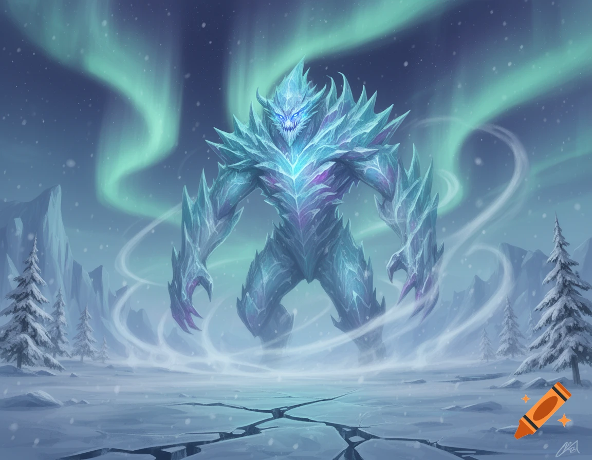 A monstrous ice creature stands in a snowy arctic landscape under a sky ...