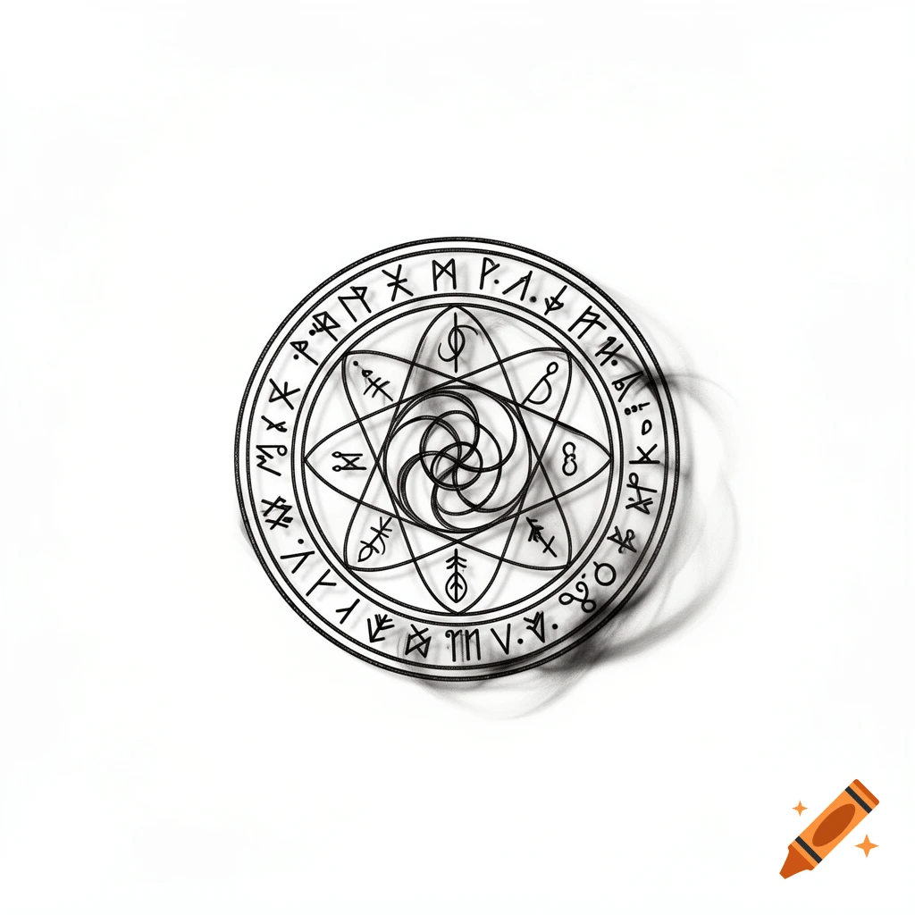 A black and white occult symbol with runic-like characters and a central knot design, casting a shadow on a white background.