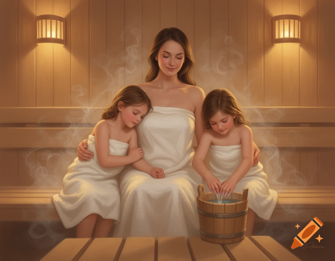 An illustration of a mother and two daughters in towels relaxing in a steamy wooden sauna, one playing with a bucket.