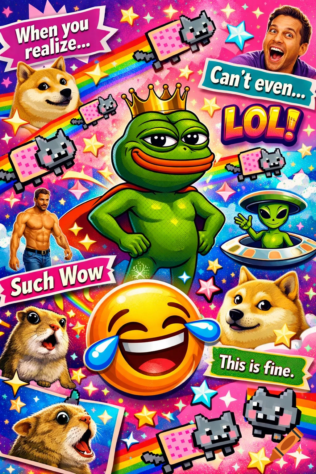 A chaotic digital art collage of internet memes: Pepe the Frog, Doge, Nyan Cat, a laughing emoji, and text on a sparkling rainbow background.