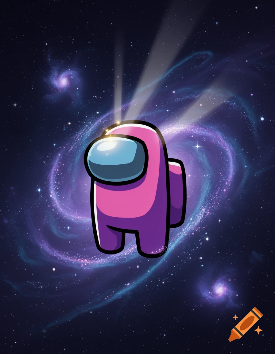 A pink Among Us character with a light blue visor floats in a dark cosmic galaxy with swirling purple and blue nebulae and bright stars.