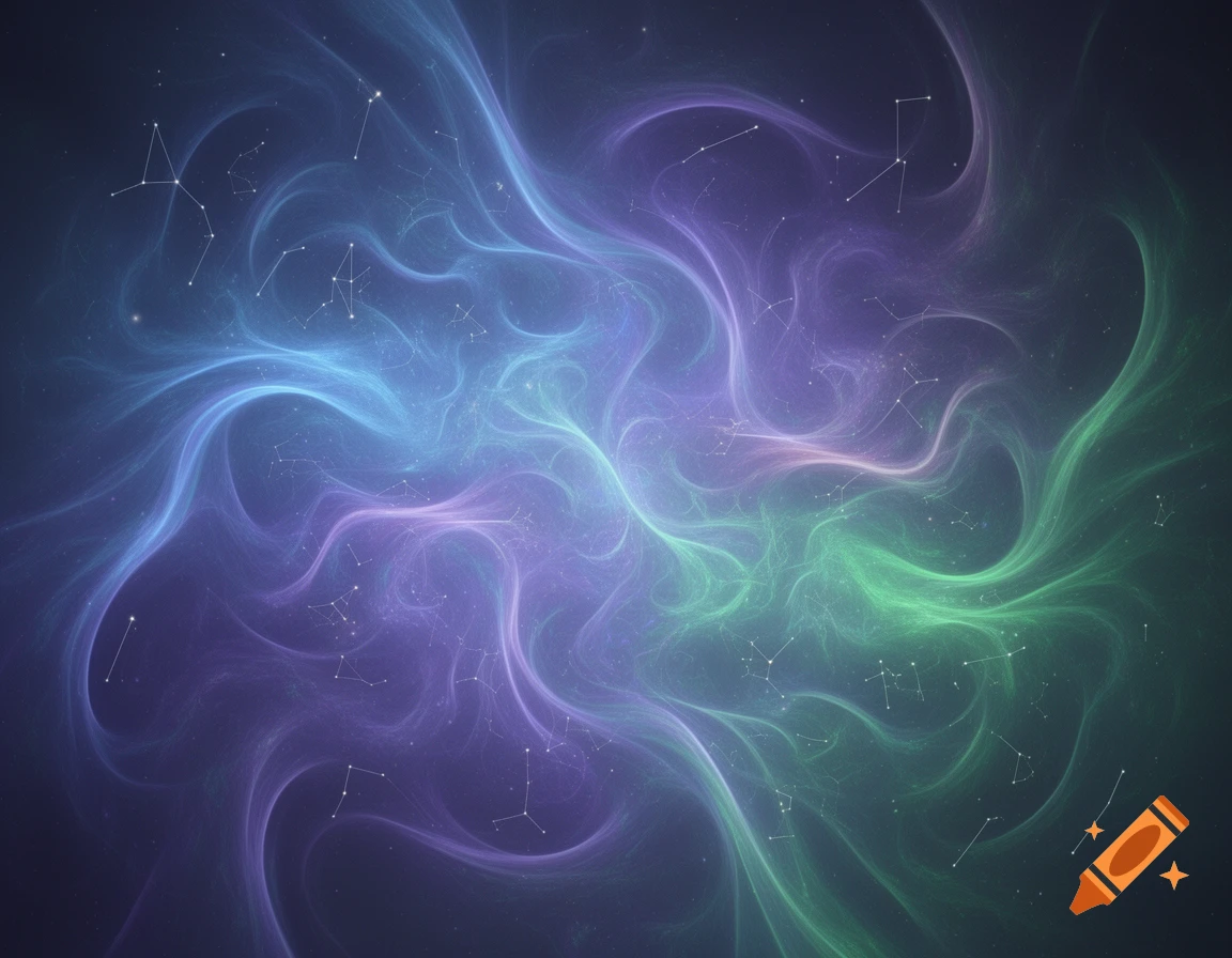 Swirling blue, purple, and green nebula with white stars forming constellations in a cosmic background.