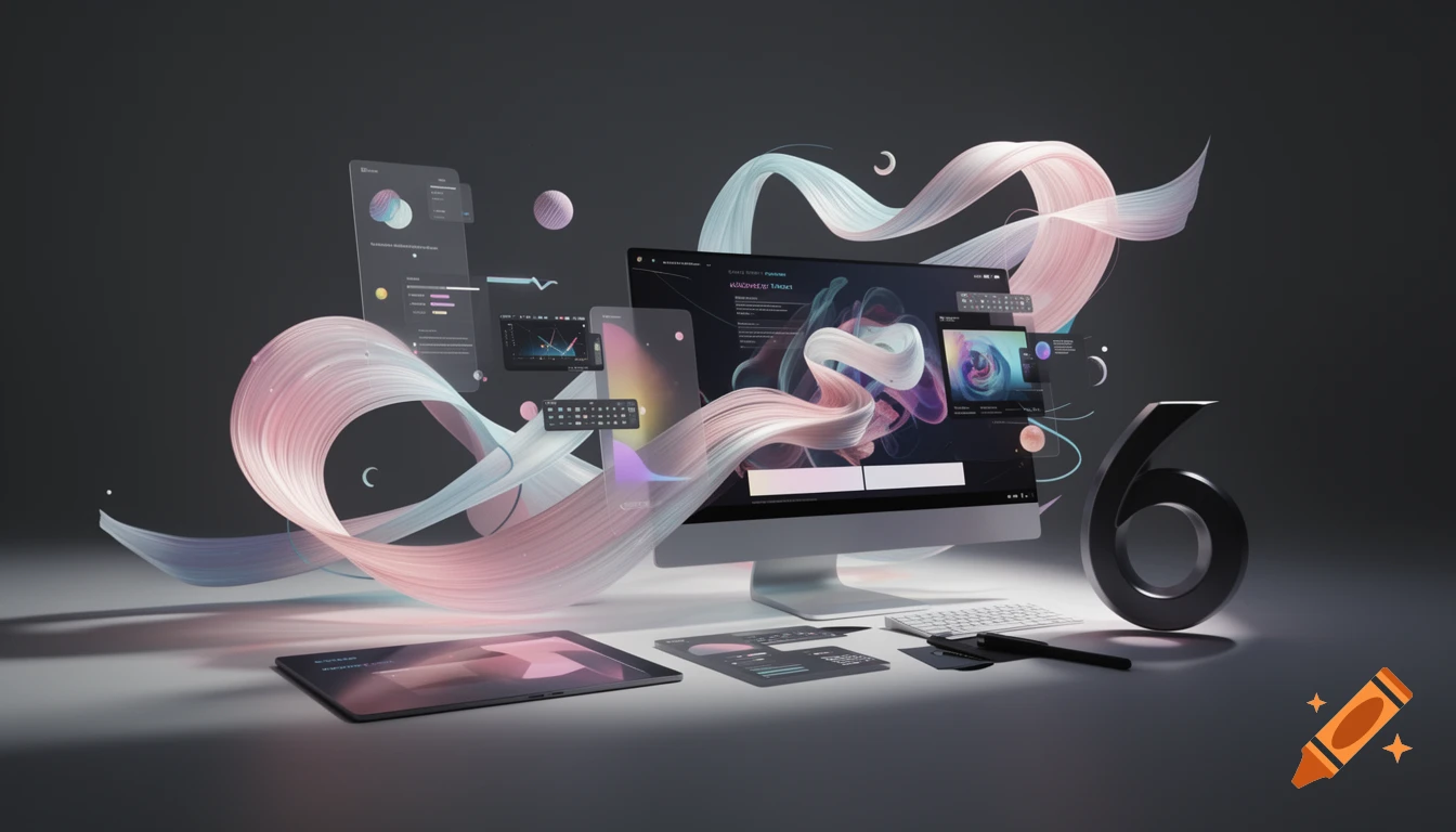 A modern digital studio scene with a desktop computer, tablet, and floating transparent UI elements, entwined with flowing pastel ribbons and a large number six, all set on a dark background.