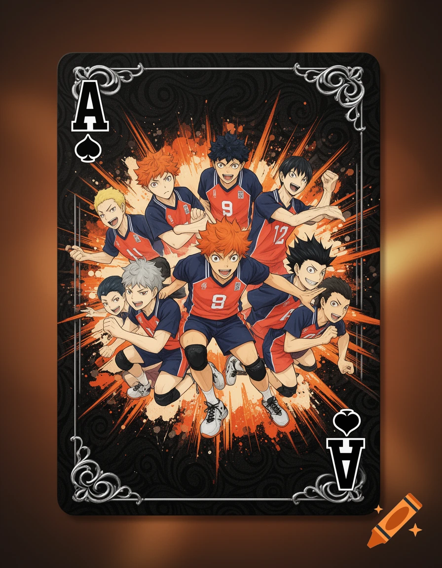 Anime characters from Haikyuu in dynamic poses on a black Ace of Spades playing card with ornate silver borders and an orange explosion background.