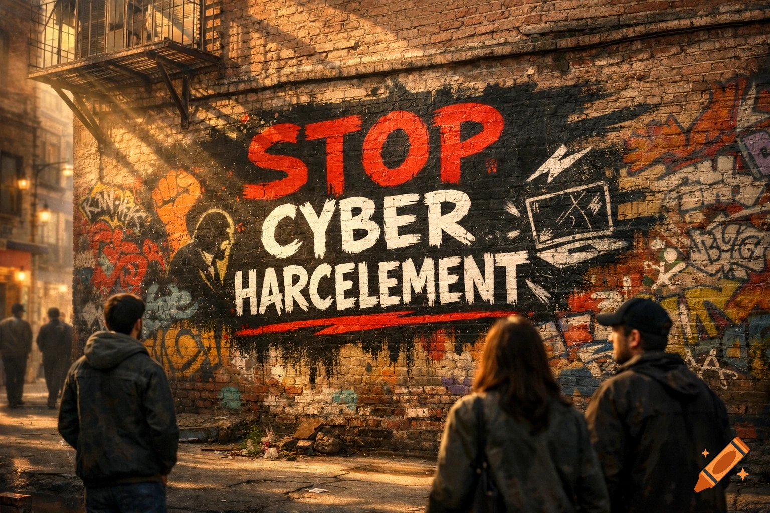 A large graffiti on a brick wall in an urban alley reads "STOP CYBER HARCELEMENT" in red and white, with people observing it.