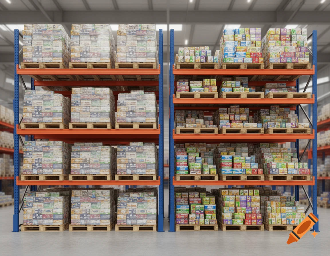 Photorealistic image of two industrial pallet racks in a warehouse, filled with stacked boxes of goods.