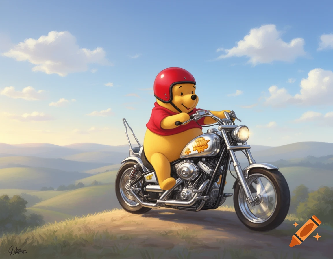 Winnie the Pooh in a red helmet rides a chrome chopper motorcycle on a grassy hill under a blue sky.