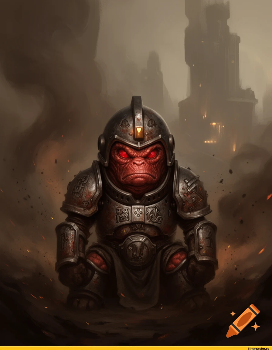A grim, dark, Warhammer 40k style portrait of a tiny, red-faced creature in ornate metal armor with glowing red eyes, against a smoky, ruined city background.