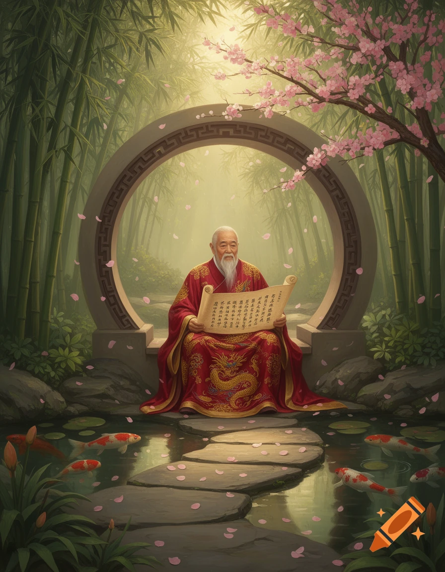 An old man in a red robe reads a scroll by a koi pond, beneath a cherry blossom tree and bamboo forest.